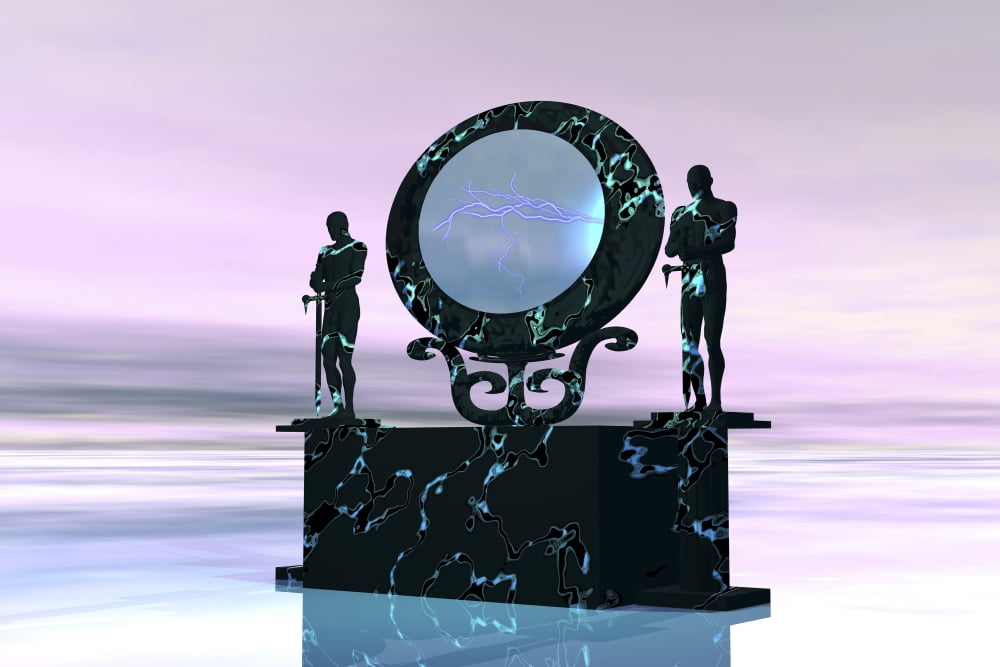 Statues stand near a dimensional portal to another universe Canvas Art - Corey FordStocktrek Images (18 x 12)