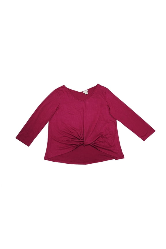 Womens XX-Large V-Neck 3/4 Sleeve Knot Front Blouse, Fuchsia
