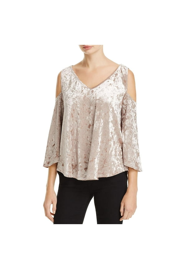 by Chenault Women’s Crushed Velvet Cold Shoulder Blouse Pullover Shirt Tops, Natural, Medium
