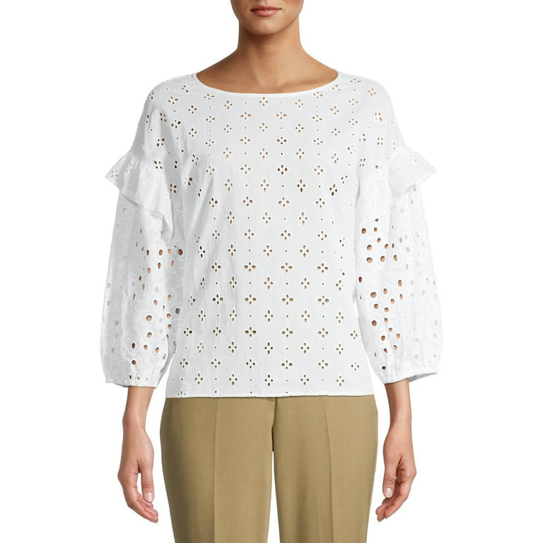 Status by Chenault Women's Mixed Pattern Cotton Eyelet Top 