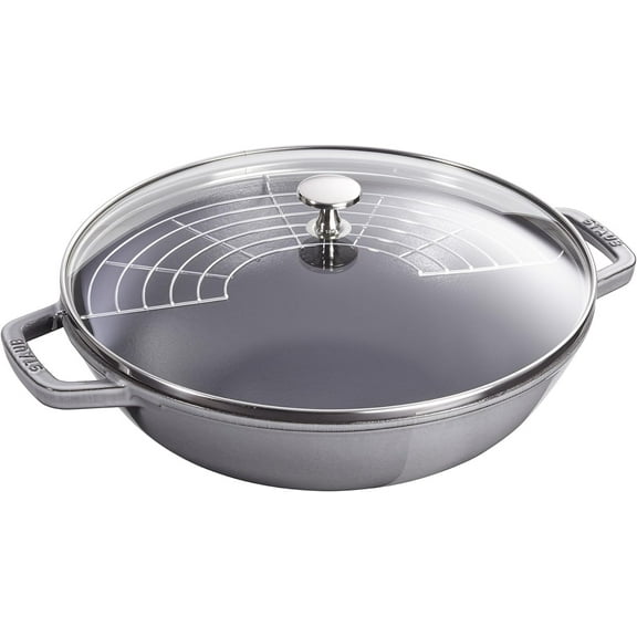 Staub Cast Iron Perfect Pan, Wok, Dutch Oven, 4.5-quart, serves 4-5, Made in France, Graphite Gray, Made in France