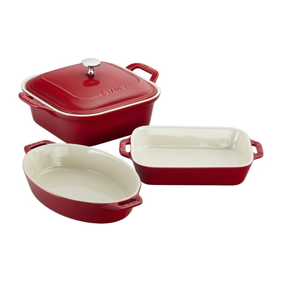 Staub Ceramic 4-pc Baking Pans Set, Casserole Dish with Lid, Brownie Pan, Cherry