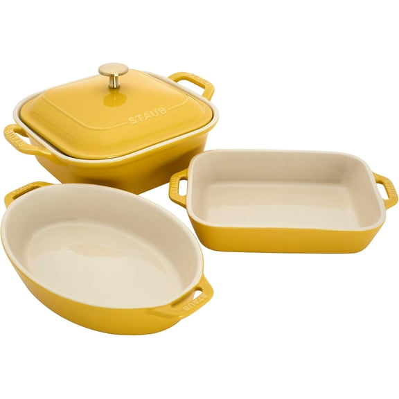 Staub Ceramic 4-pc Baking Pans Set, Casserole Dish with Lid, Brownie Pan, Citron