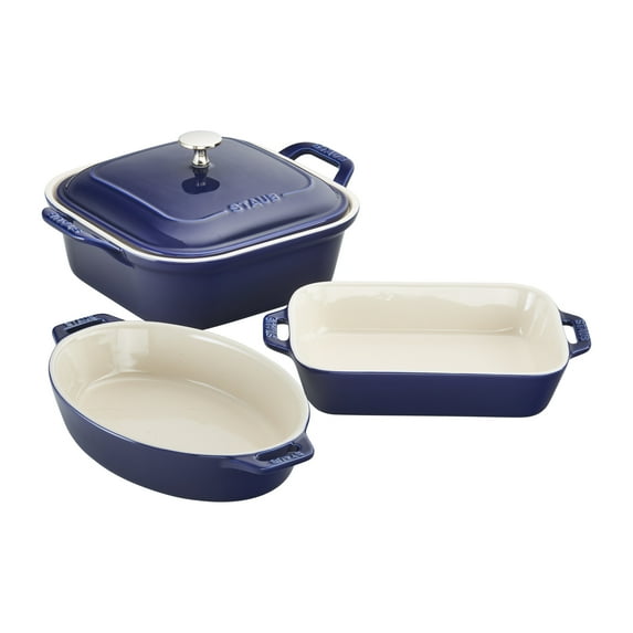 Staub Ceramic 4-pc Baking Pans Set, Casserole Dish with Lid, Brownie Pan, Dark Blue