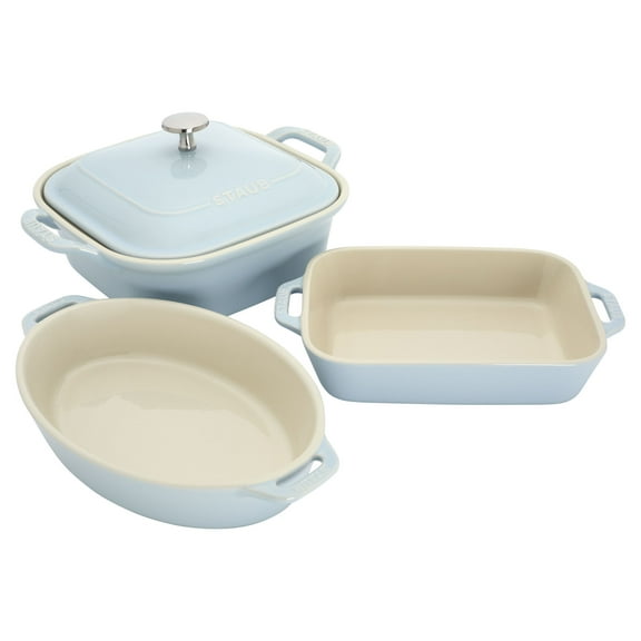 Staub Ceramic 4-pc Baking Pans Set, Casserole Dish with Lid, Brownie Pan, Light Blue