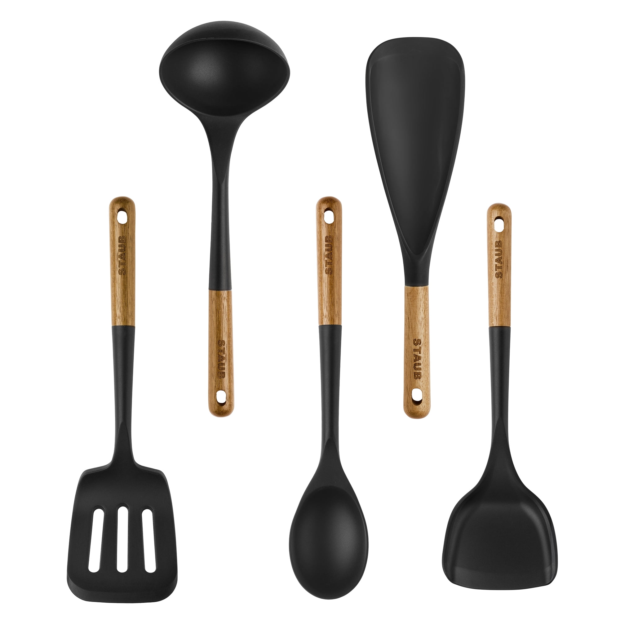 Staub 5-Piece Black Silicone and Wood Cooking Utensil Set