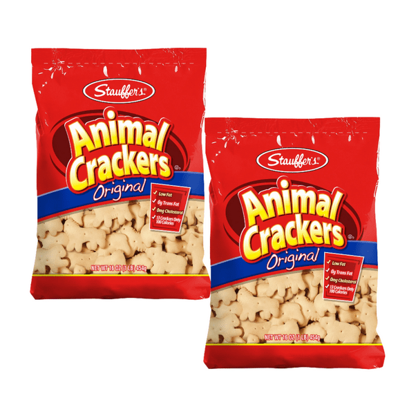 Stauffer's Animal Crackers, Original - Low fat, 0g Transfat Iconic Animal Shaped Biscuits with Sweet & Crunchy Taste Great for Snacking Lunches School Trips Gathering Christmas Stockings 16oz, 2 Bags