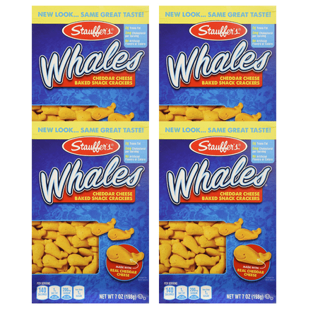 Stauffer's Whales Baked Cheddar Cheese Crackers, Made with Real Cheese, No Artificial Flavors or Colors, No High Fructose Corn Syrup Great for Snacking School Lunches Biscuit 7oz Pack of 4