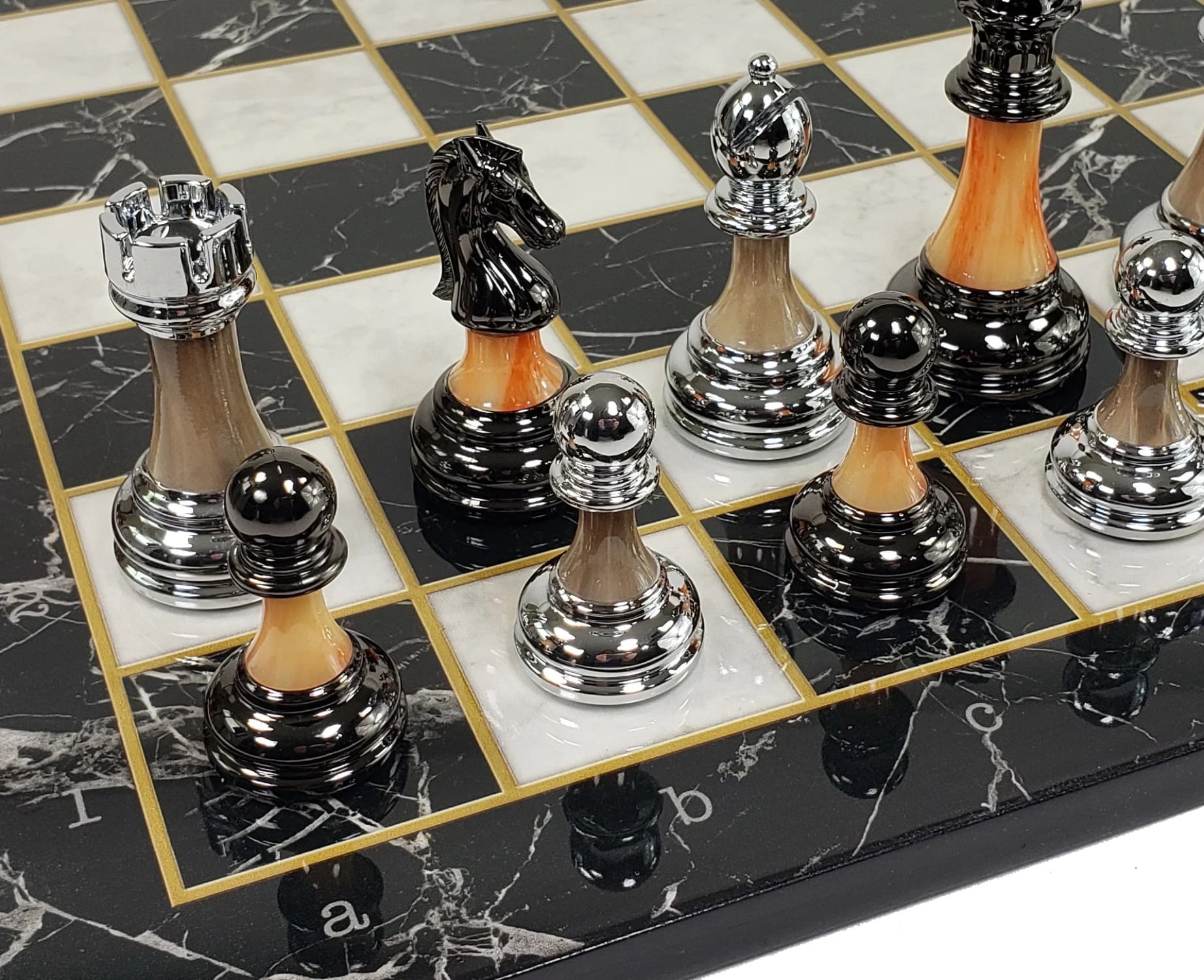 Staunton Chrome  Black Pro Plastic Chess Men Set W 17" Black Faux Marble Board