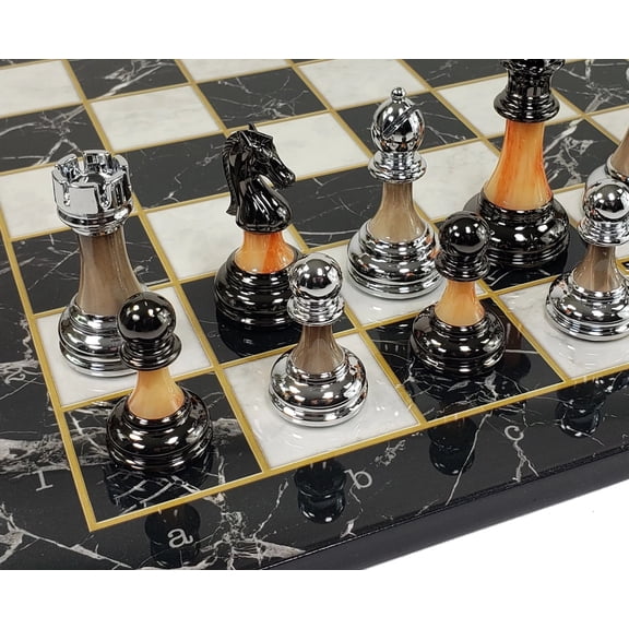 Staunton Chrome Black Pro Plastic Chess Men Set W 17" Black Faux Marble Board