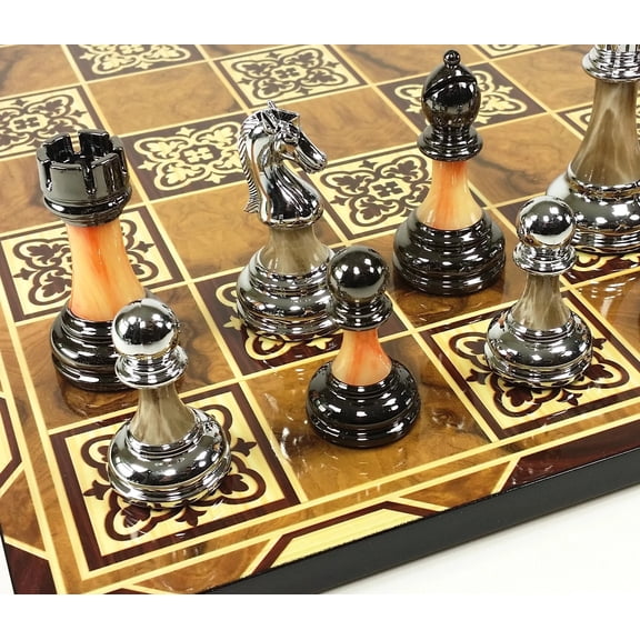 Staunton Chrome  Black Pro Plastic Chess Men Set W 17" Burlwood Color Board