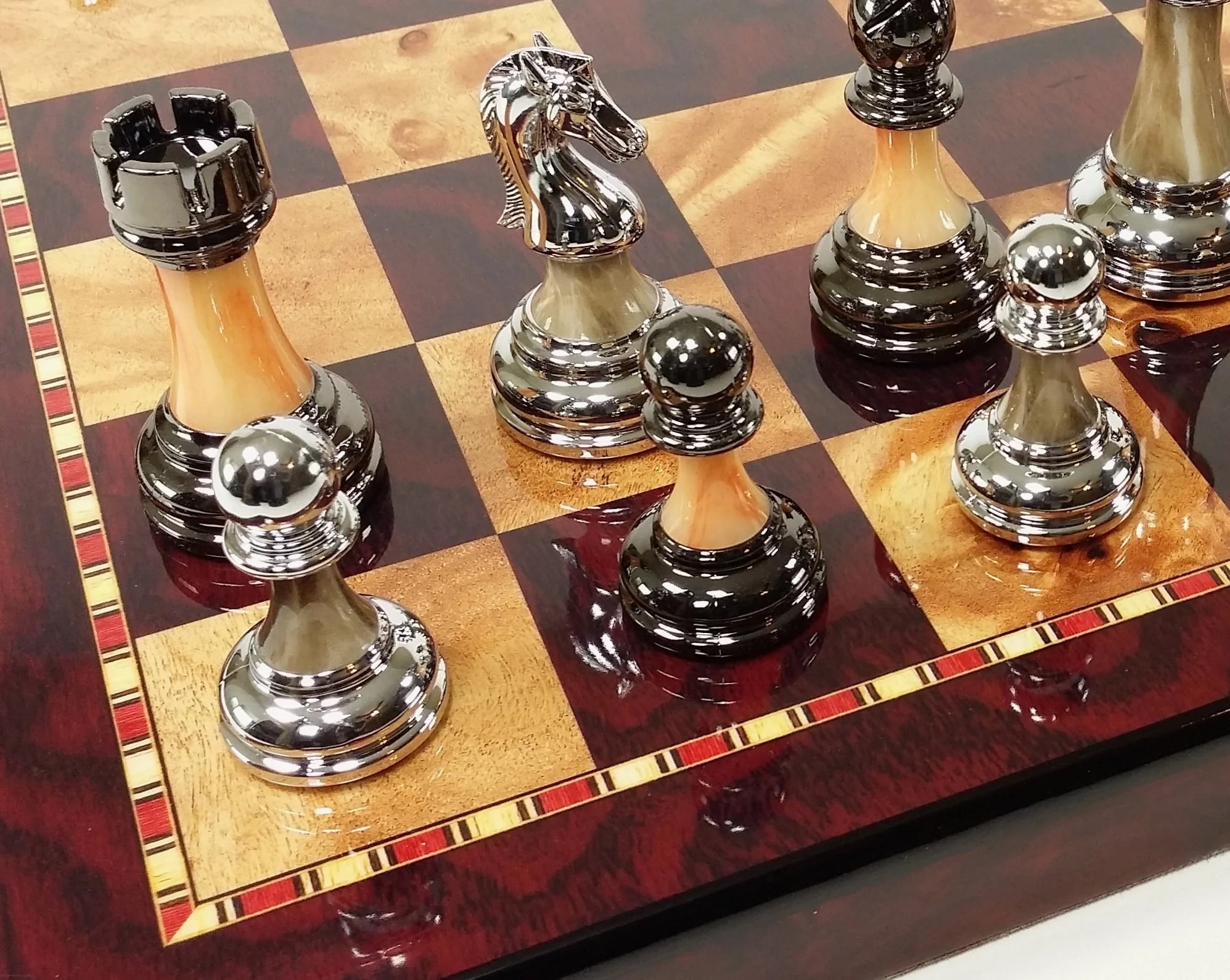 Staunton Chrome and Black Chess Set with Gloss Cherry Board