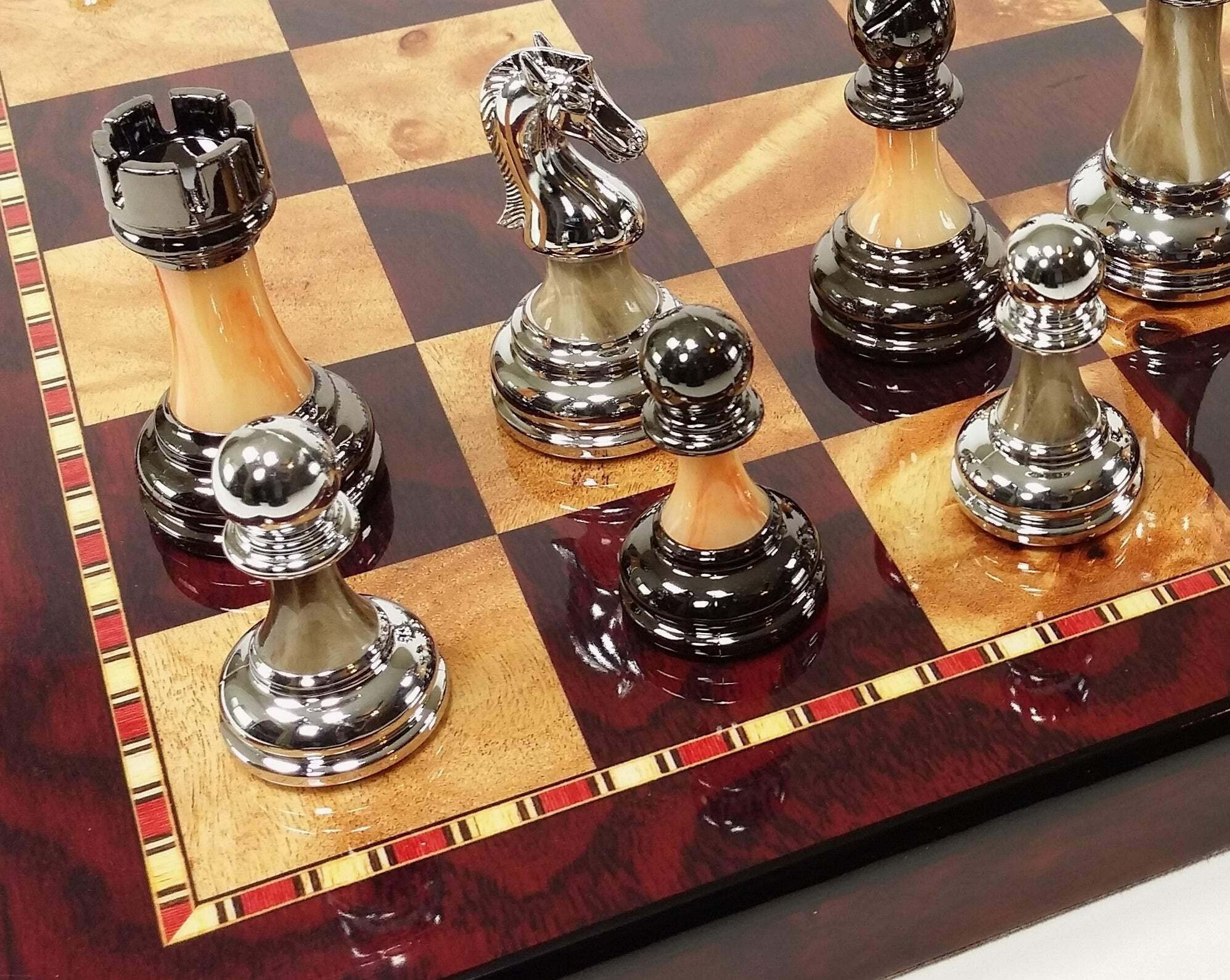 Staunton Chrome  Black Pro Plastic Chess Men Set W 18" Gloss Cherry Color Board