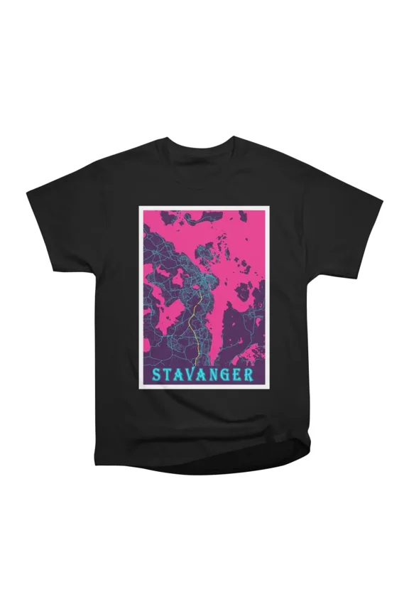 Stavanger Norway Neon City Map T-Shirt Tee Gift For Him Merch For Her Apparel For Friend