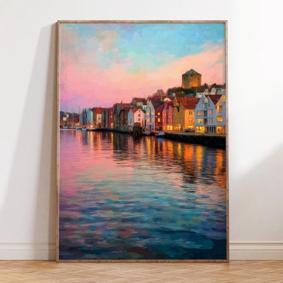 Stavanger Norway Nordic Harbor Waterfront Sunset Print, Unframed Paper Print Size 8x12