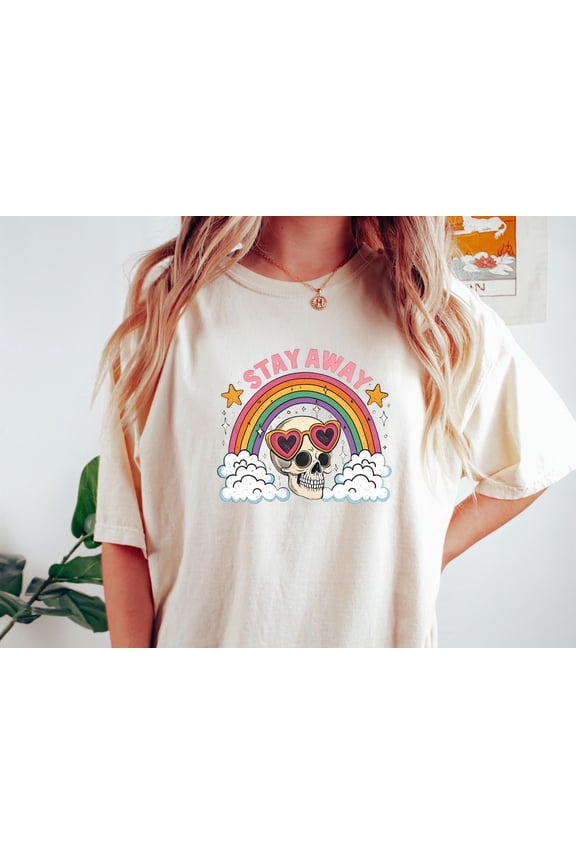 Stay Away Skull Shirt, Retro Rainbow Graphic Tee, Aesthetic Grunge T-Shirt, Cute Creepy Skull Top, Vibes Shirt, Stay Away Tee