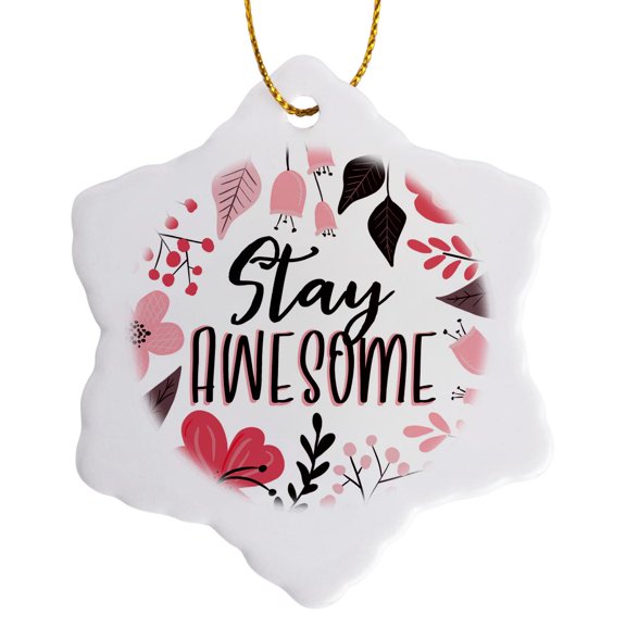 3drose, Stay Awesome - Pretty Pink Floral, 3 inch Snowflake Porcelain Ornament