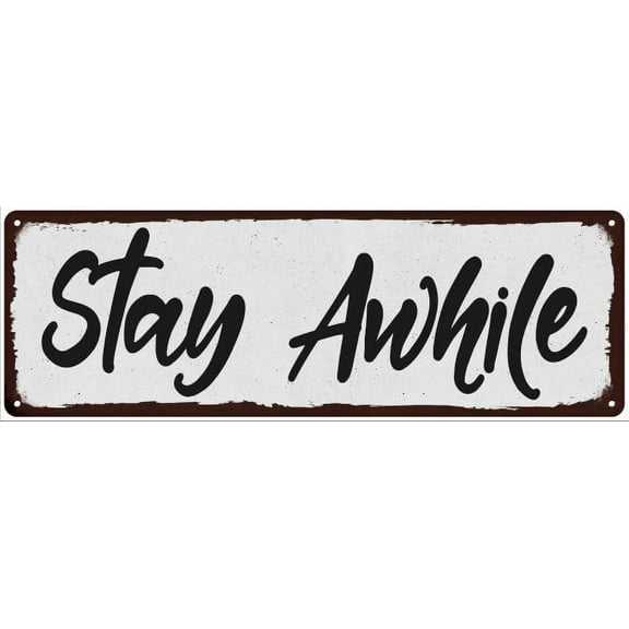 Stay Awhile Black on White Shabby Chic Metal Sign 6x18 Room Decor 206180049037
