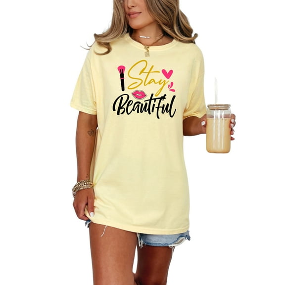 Stay Beautiful Brush and Lips Graphic, Butter Comfort Colors T-Shirt, 2XL
