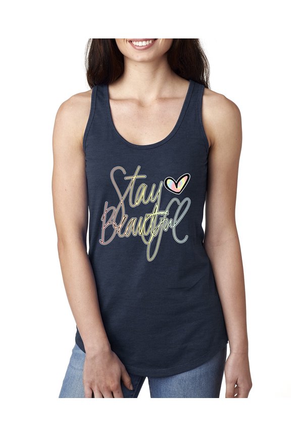 Stay Beautiful Positivity Quote Saying Pop Culture Ladies Racerback Tank Top, Navy, Small