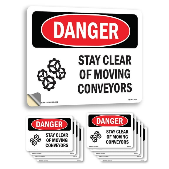Stay Clear Of Moving Conveyors OSHA Danger Vinyl Decal Label 5 Inch x 3.5 Inch - 10 Pack