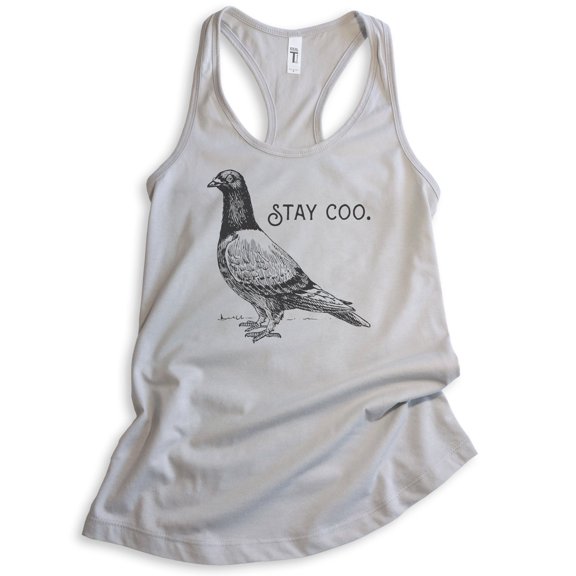 Stay Coo Tank Top, Ladies Racerback Tank Top, Funny Pidgeon Tank, Cute Bird Saying, Cool Bird Tank, Silver Gray, Medium