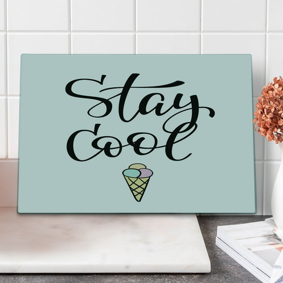 Stay Cool Cutting Board, Ice Cream Waffle Cornet with Hand Writing Stay Cool Text, Decorative Tempered Glass Cutting and Serving Board, in 3 Sizes, by Ambesonne