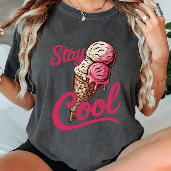 Stay Cool Ice Cream Shirt, Cute Summer Cone Tee, Pink Scoop Retro Graphic T-Shirt for Women