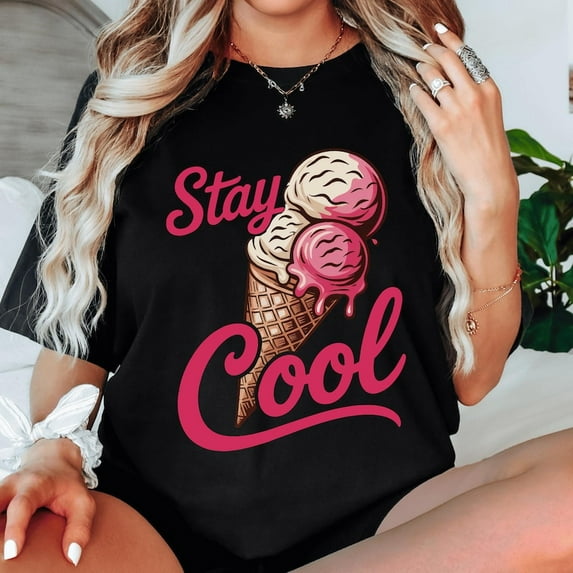 Stay Cool Ice Cream T-shirt, Cute Summer Cone T-shirt, Pink Scoop Retro Graphic T-shirt For Women.
