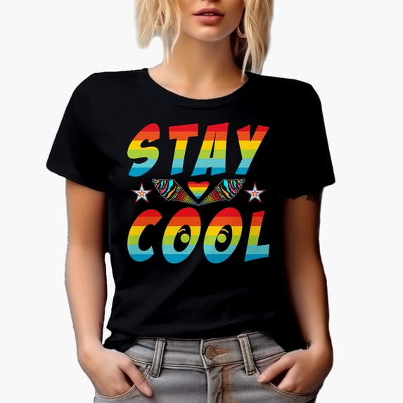 Stay Cool, Rainbow Typography with Ice Cream Art, Summer, Black T-Shirt, Small