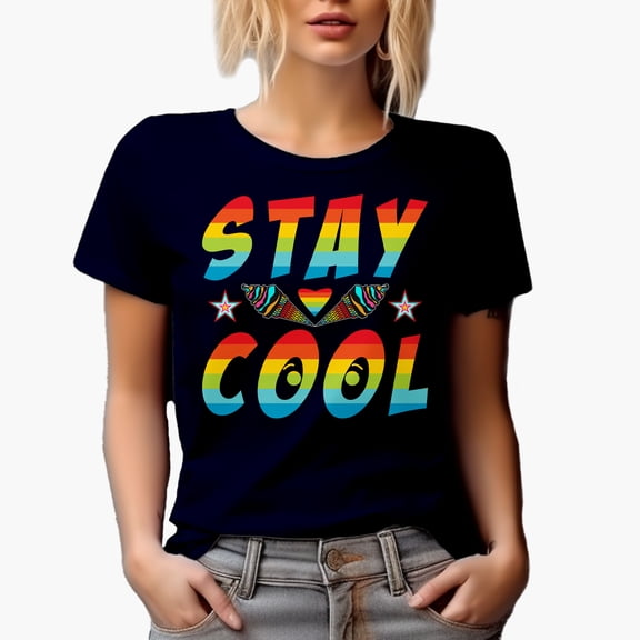 Stay Cool, Rainbow Typography with Ice Cream Art, Summer, Navy Blue T-Shirt, Medium