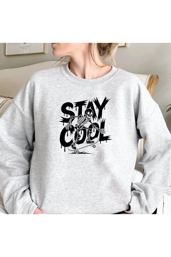 Stay Cool Skeleton Sweatshirt – Funny Skater Halloween Crewneck, Vintage Streetwear Unisex Gift