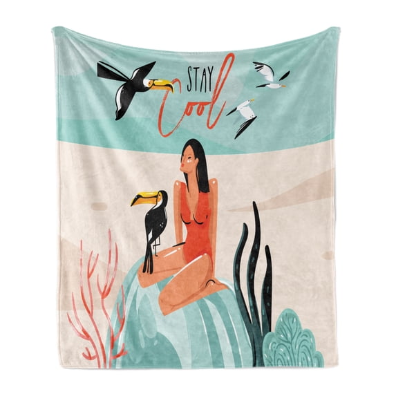 Stay Cool Soft Flannel Fleece Throw Blanket, Abstract Doodle with Girl Sitting on Underwater Rock with Exotic Toucan Bird, Cozy Plush for Indoor and Outdoor Use, 50" x 70", Multicolor, by Ambesonne