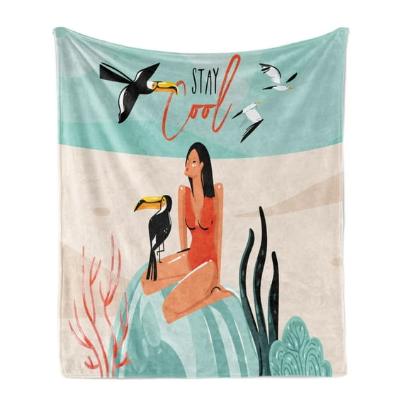 Stay Cool Soft Flannel Fleece Throw Blanket, Abstract Doodle with Girl Sitting on Underwater Rock with Exotic Toucan Bird, Cozy Plush for Indoor and Outdoor Use, 70" x 90", Multicolor, by Ambesonne