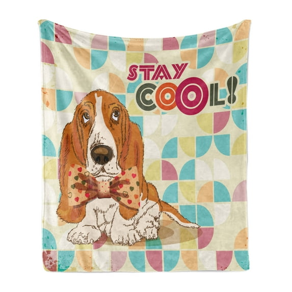 Stay Cool Soft Flannel Fleece Throw Blanket, Funny Basset Hound Dog with Tie Bow Hipster Colorful Background Print, Cozy Plush for Indoor and Outdoor Use, 60" x 80", Multicolor, by Ambesonne