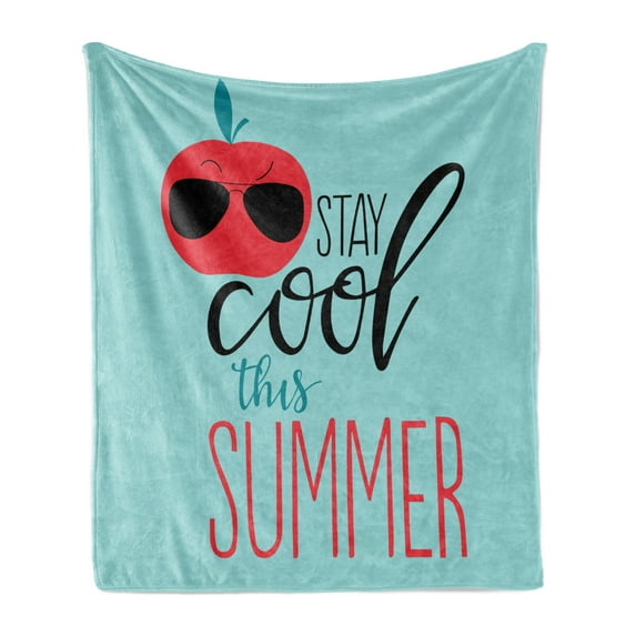 Stay Cool Soft Flannel Fleece Throw Blanket, Funny Stay Cool This Summer Text and Apple Sunglasses, Cozy Plush for Indoor and Outdoor Use, 50" x 70", Blue Dark Coral, by Ambesonne