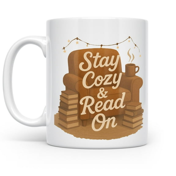 Stay Cozy 11 oz Coffee Mug - For Book Lovers White Ceramic Gift