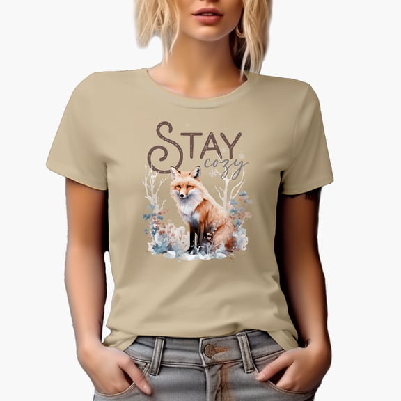 Stay Cozy with Watercolor Fox & Winter or Christmas Season Art Merch Gift, Tan T-Shirt, 3XL
