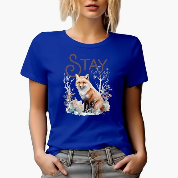 Stay Cozy with Watercolor Fox & Winter or Christmas Season Gift, Royal Blue T-Shirt, Medium