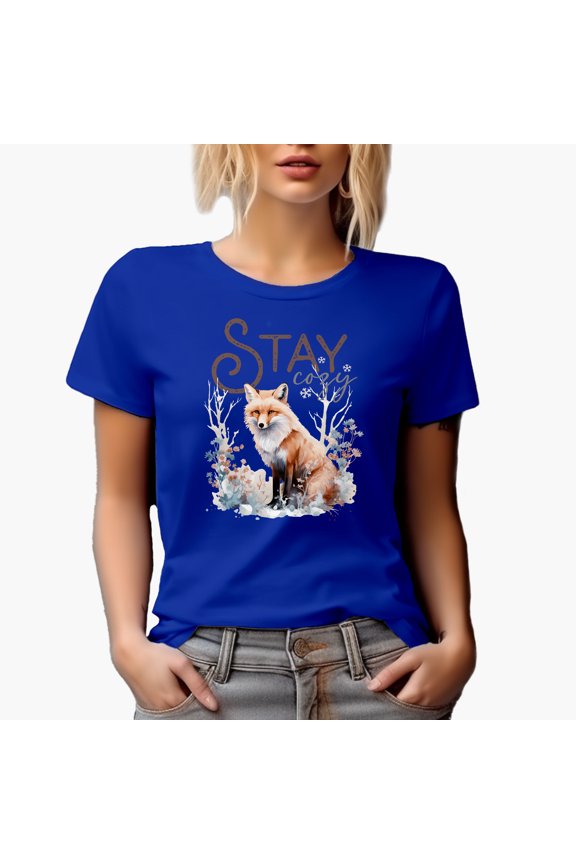 Stay Cozy with Watercolor Fox & Winter or Christmas Season Gift, Royal Blue T-Shirt, XL