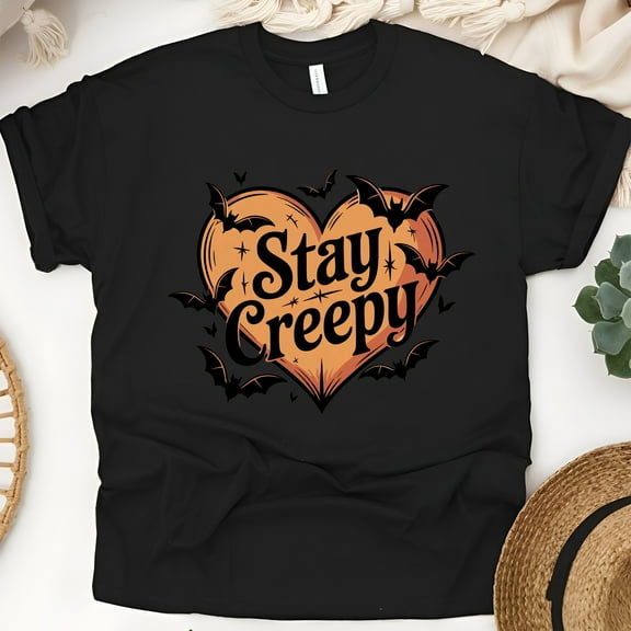 Stay Creepy Heart T-Shirt | Cute Halloween Bat Graphic Tee, Black, Size S