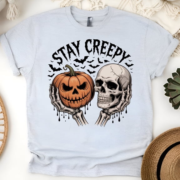Stay Creepy Skull and Pumpkin T-Shirt | Gothic Halloween Graphic Tee for Adults, Ash, Size S