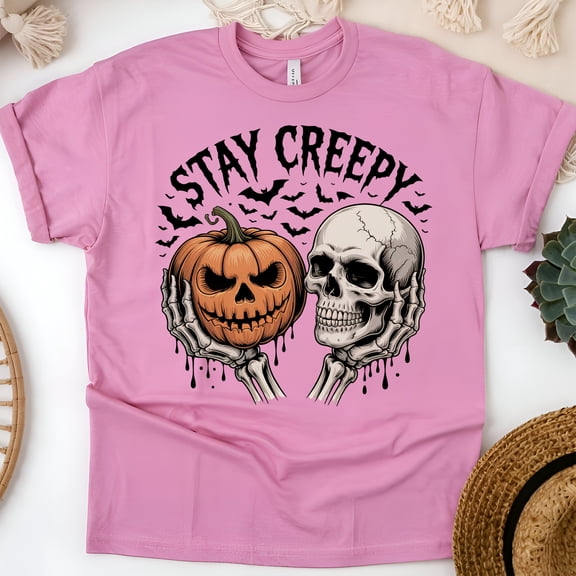 Stay Creepy Skull and Pumpkin T-Shirt | Gothic Halloween Graphic Tee for Adults, Azalea, Size S