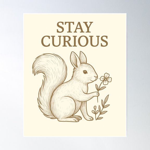 Stay Curious – Squirrel With Autumn Leaves (Full Background) Poster Wall Art, Modern Wall Decor, 8x12 UNFRAMED