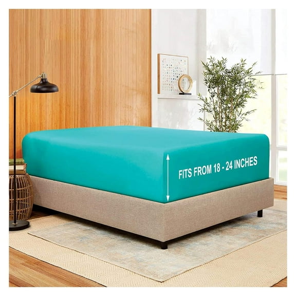 Stay Fitted Single Sheet, Fitted Sheet ONLY! Stay Fit on Mattress with Elastic Straps at Corners, Extra Deep Pocket, Fits 18-24 Inch Mattress, Queen  Teal Blue