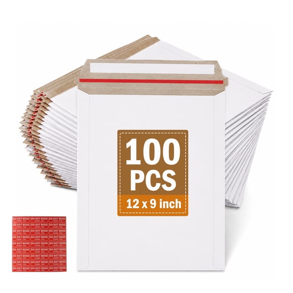 Stay Flat Photo Document Mailers, 100 Pack 9x12 Inch White Self Seal Cardboard Envelopes for Photos Documents CD