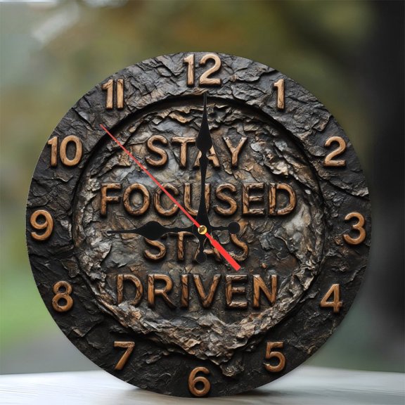 Stay Focused Stay Driven Wall Clock Motivational Decor 10-Inch Silent Wooden Wall Clock, Battery Operated (AA Batteries Not Included), Artistic Home Decor