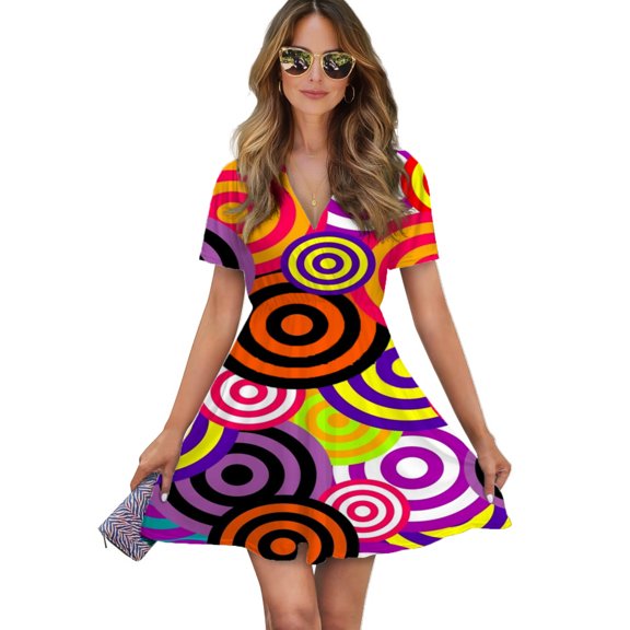 Stay Focused Women Dress V-Neck Short Sleeve Flowy Swing Party Midi Dress