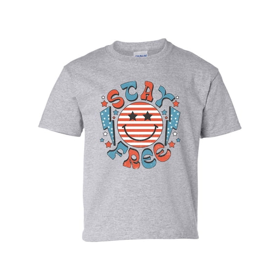 Stay Free Happy Face 4th of July American Youth Kids Children's T-shirt Graphic Tee Graphic Tee-Sports Grey-medium