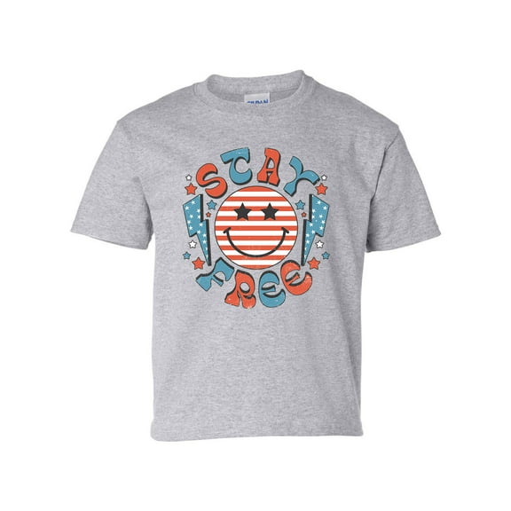 Stay Free Happy Face 4th of July American Youth Kids Children's T-shirt Graphic Tee Graphic Tee-Sports Grey-small